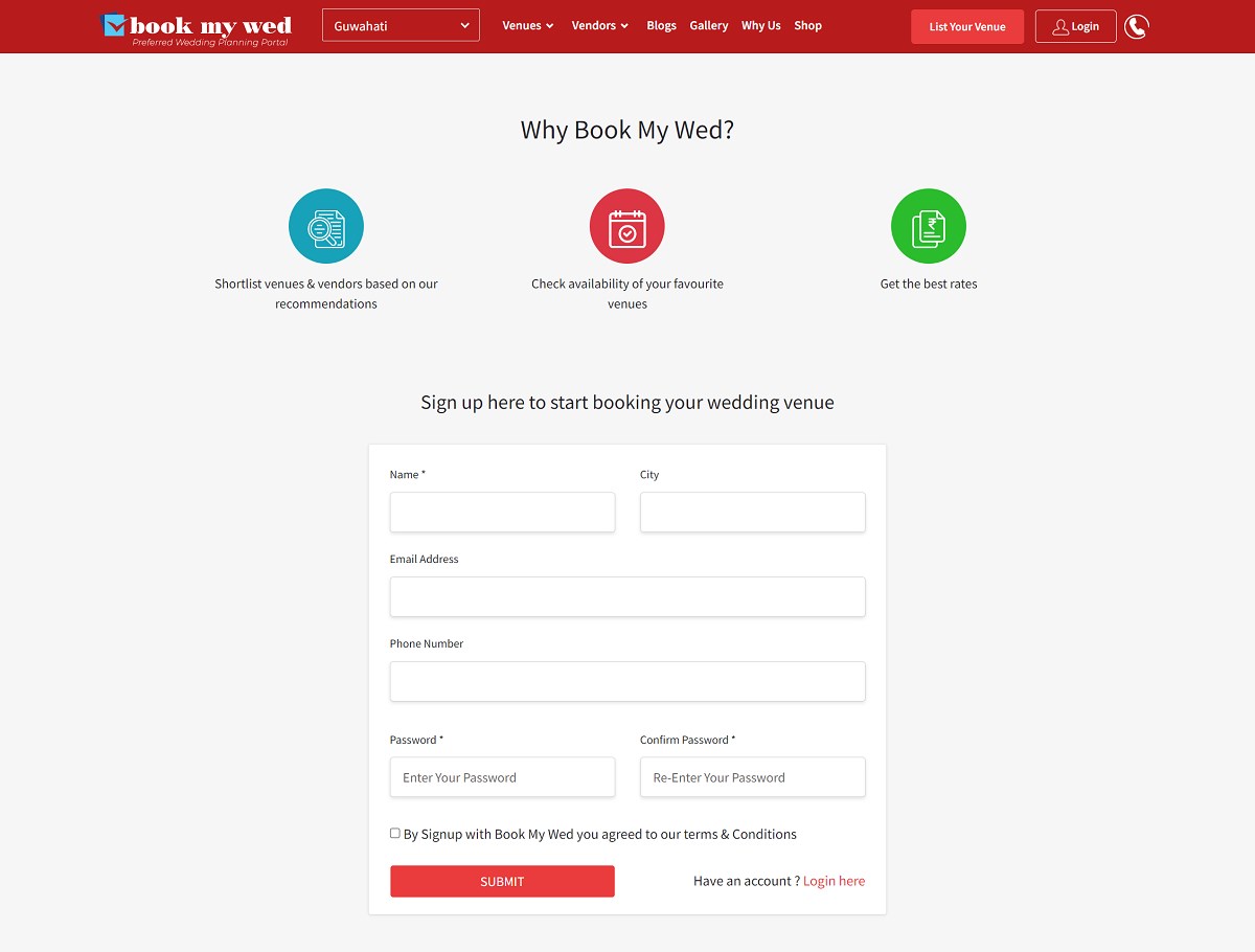 User Registration page for availing the services